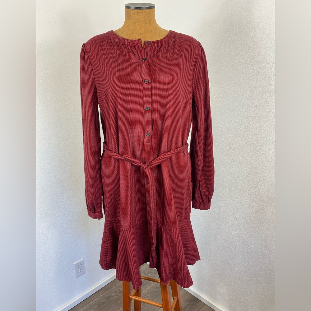 Gap Red Houndstooth Longslv Henley Dress Tall M Belted Button Up Drop Waist NWT